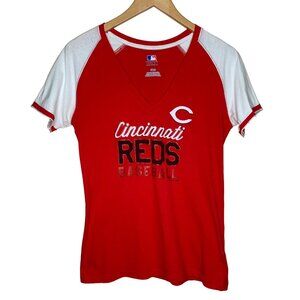 Cincinnati Reds Baseball Tee Shirt Red White V-Neck Top Fitted Women's Size Med